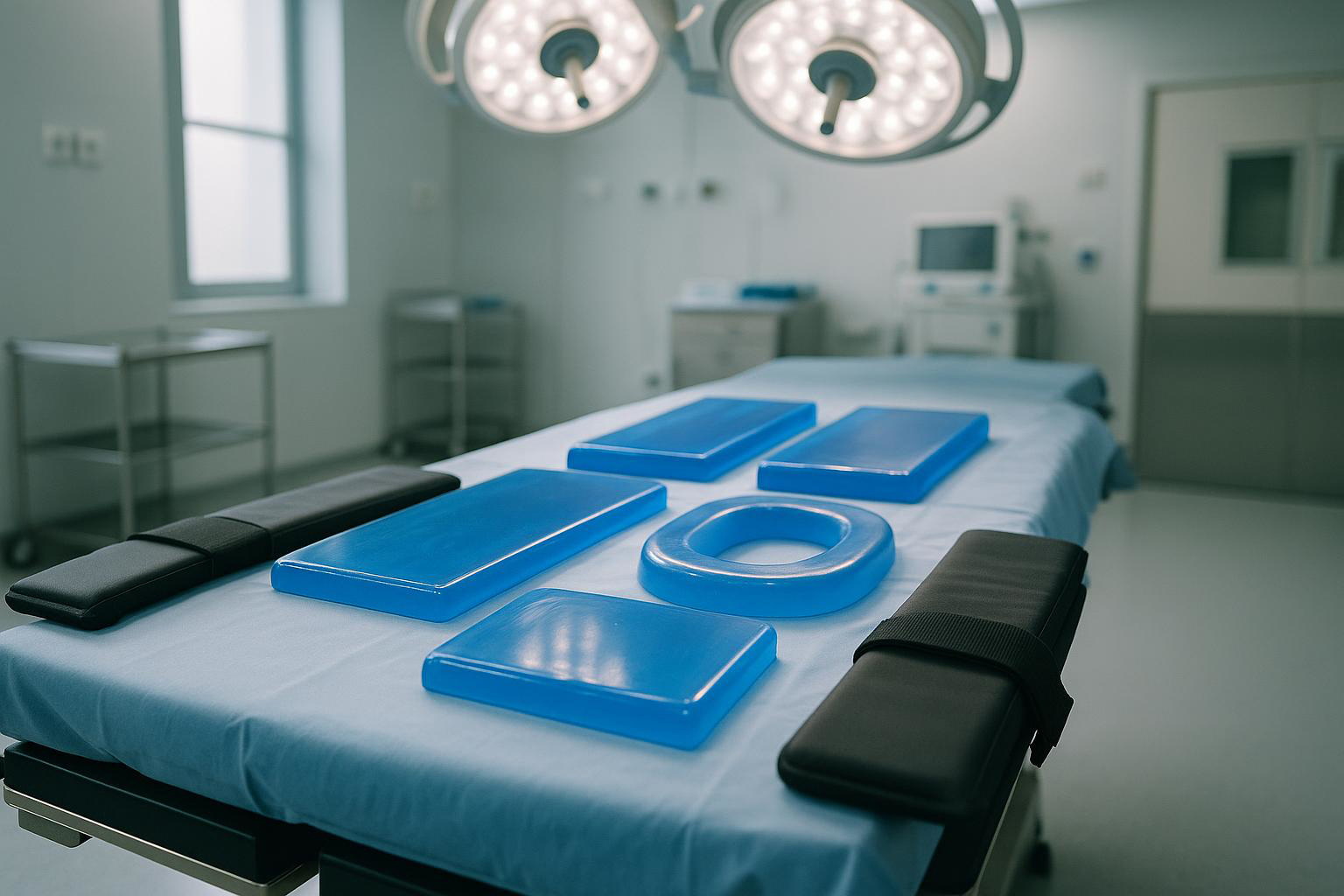 Gel positioners and straps laid out on an operating room table