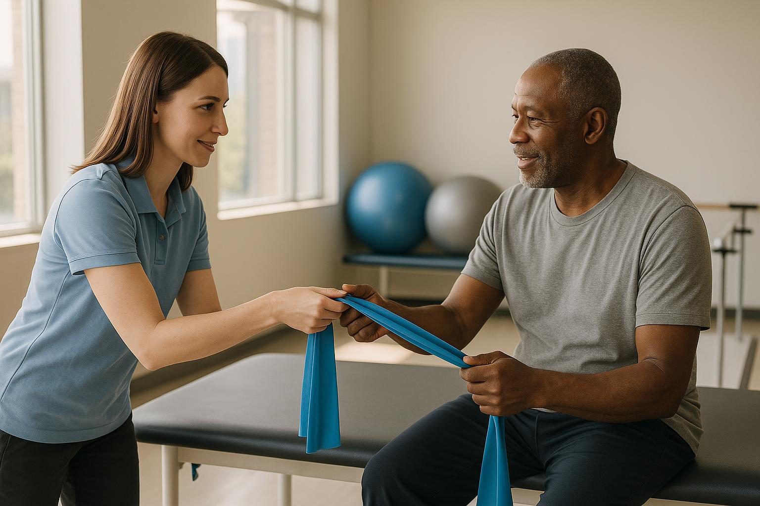 A therapist and a patient in an outpatient physical therapy clinic